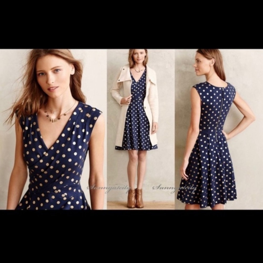 Anthropologie Navy Blue Polka Dot Midi Dress - Picture 4 of 10